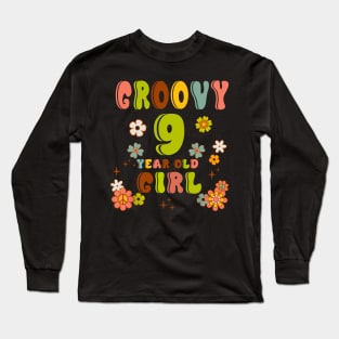 9th Birthday Retro Groovy Girl 9 Years Old Birthday Hippie Long Sleeve T-Shirt